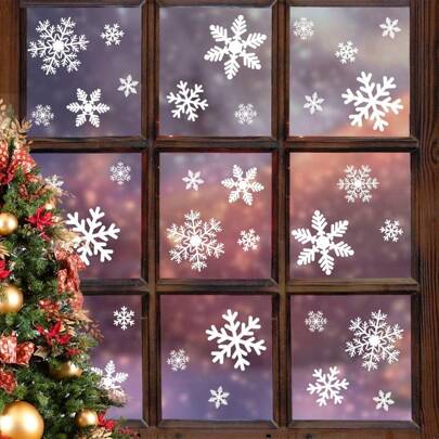 35Pcs Christmas Window Clings Snowflakes Window Decals Static Window Stickers For Christmas Decorations Window Decor Ornaments Xmas Party Supplies Thanksgiving Party Decor