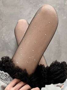 1 pieza Pantimedia de rejilla con brillo para mujer, medias ajustadas brillantes con estampado de estrellas - Negro - Ver 1