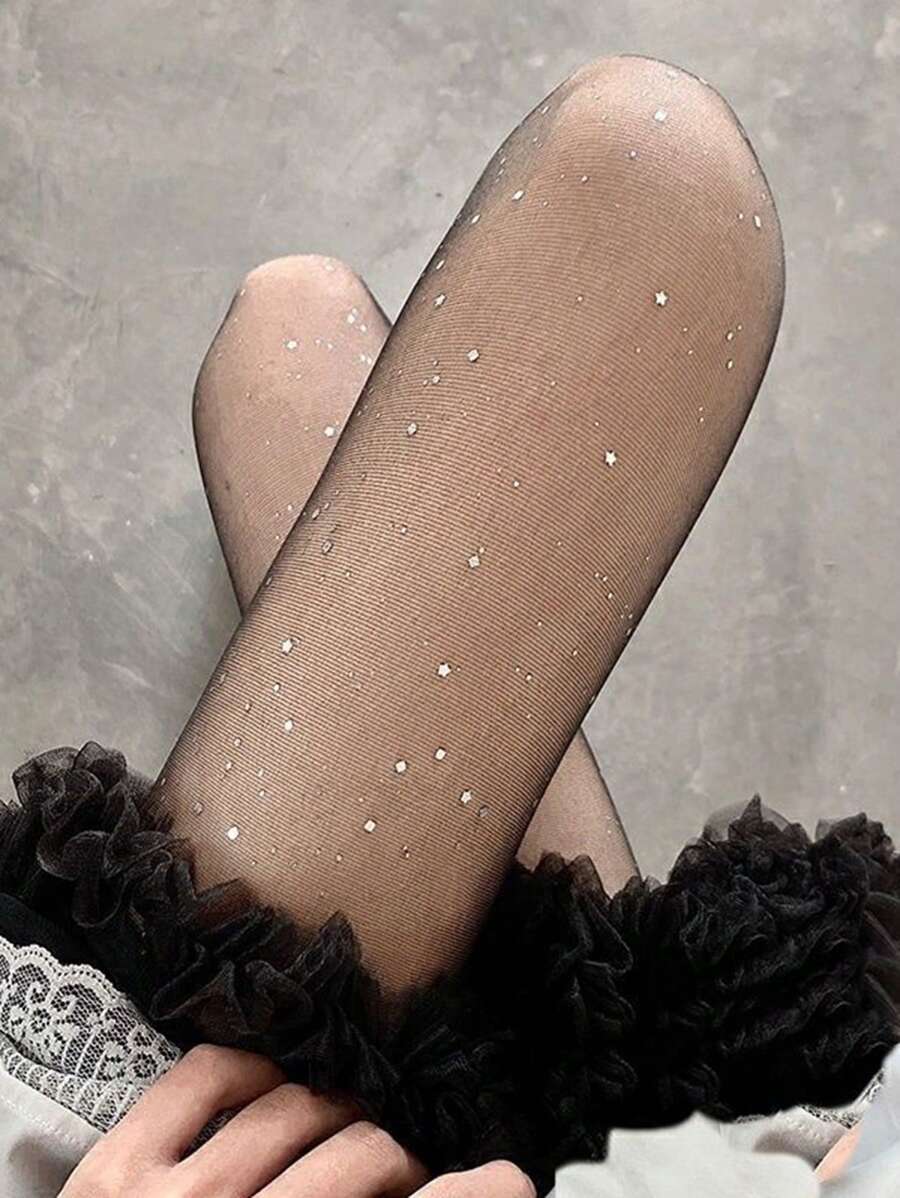 1 pieza Pantimedia de rejilla con brillo para mujer, medias ajustadas brillantes con estampado de estrellas - Negro - Ver 1