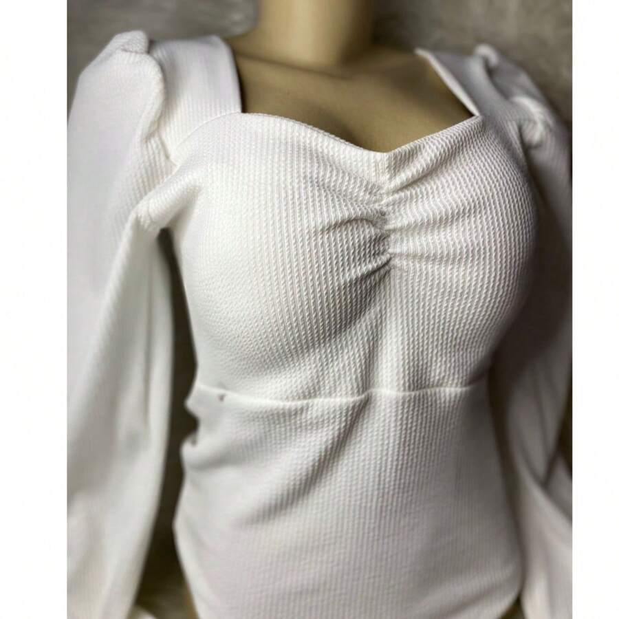 Long Sleeve Princess Ribbed Bodysuit Blogueirinha Fast Shipping - 灰色 - 查看 1