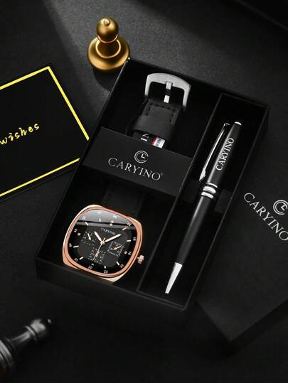 CARYINO 4件/套豪华品牌礼品套装。包括1款男士休闲简约石英表、1支黑色商务品牌圆珠笔、1张贺卡（随机祝福）、免费定制品牌礼盒。适合生日、父亲节、情侣/恋人礼物等。