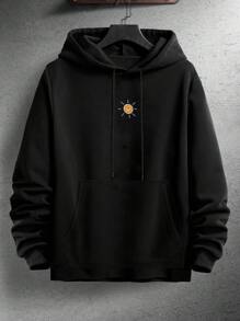 Plus Size Men's Drawstring Hooded Long Sleeve Pocket Printed Casual Sweatshirt - Black - View 2