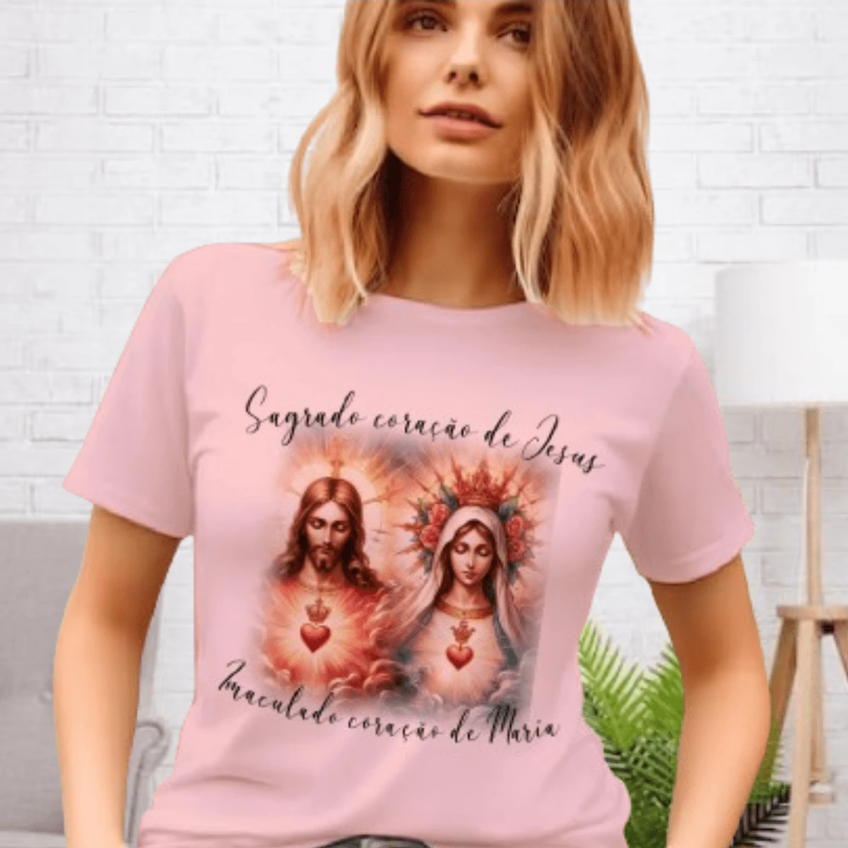Christian Women's T-Shirt Blouse, SACRED HEART OF JESUS AND IMMACULATE HEART OF MARY, COLORFUL BABY LOOK, CASUAL Fashion, Plus Size - Pink - View 1