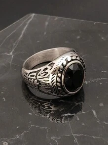 SEEKGLEE 1pc Retro Engraved Pattern Round Faceted Black Artificial Stone Ring, Silvery Antique Carved Band, Vintage Stone Finger Ring For Men And Women - Steel Ring - View 5