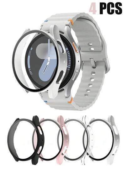 4-Pack Galaxy Watch Protective Case, Sports & Casual Style, 4 Color Combinations: Silver + Black + Transparent + Pink, Delicate Touch, Scratch-Resistant And Anti-Slip, Integrated Hard PC And Tempered Glass Screen Protector Design, Compatible With Samsung Galaxy Watch 4/5/6/7 40mm/44mm, Unisex Fashion