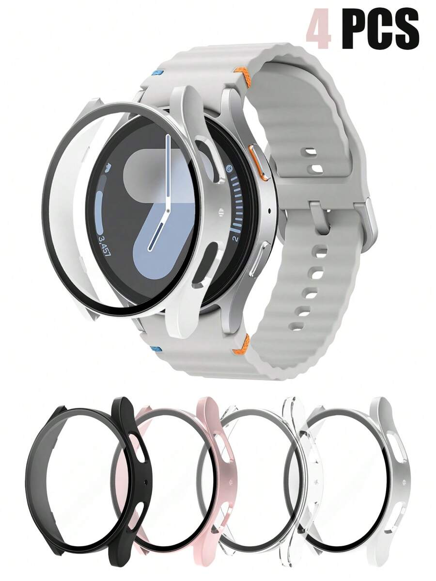 4-Pack Galaxy Watch Protective Case, Sports & Casual Style, 4 Color Combinations: Silver + Black + Transparent + Pink, Delicate Touch, Scratch-Resistant And Anti-Slip, Integrated Hard PC And Tempered Glass Screen Protector Design, Compatible With Samsung Galaxy Watch 4/5/6/7 40mm/44mm, Unisex Fashion