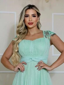 Long Bridesmaid Congress Graduation Party Dress With Embroidered Sleeve - verde menta - Ver 2