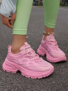 女款透氣粉色網面厚底運動鞋，INS 2024夏季新品，矮跟休閒運動鞋 - 粉色 - 查看 6