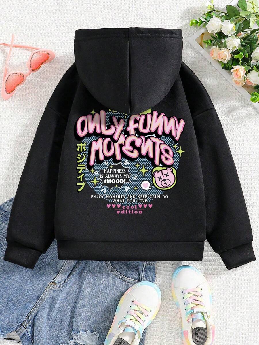 Tween Girls Lettering Print Warm Hoodie - Black - View 1