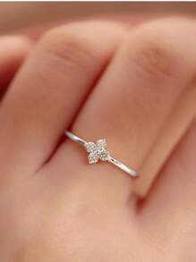 1 pieza Anillo de trébol de 4 hojas de plata esterlina S925 con baño de oro de 18k y circonita, anillo pequeño y delicado, diseño único de moda, de alta calidad, versátil, excelente regalo para festivales