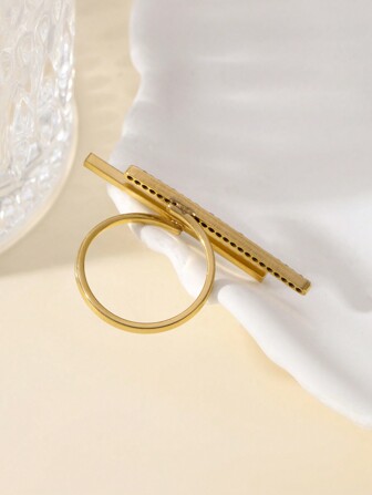 1pc Fashionable Minimalist Elongated Stainless Steel Ring With Rhinestones