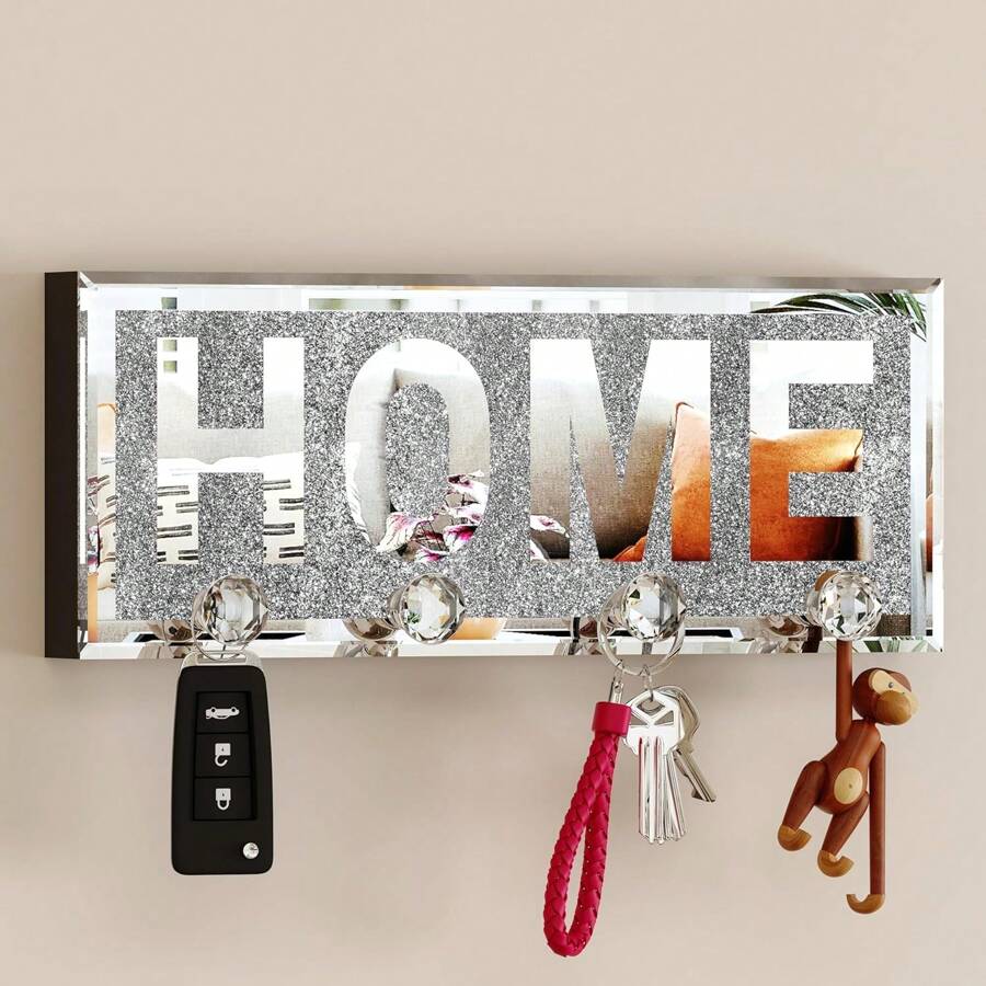 Crystal Clear Hooks Key Holder Key Hanger, Sparkly Mirrored Home Letters Plaque Sign For Wall Decor, Silver Mirror Decoration Wall Art, Wall Mounted Home Decor - Bạc - Xem 1