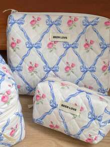 1件/套蝴蝶结玫瑰图案绗缝化妆包，时尚便携化妆包，多功能收纳包，可装口红、卫生巾、硬币、钥匙等，大容量可爱洗漱包，旅行收纳化妆包，母亲节、情人节、周年纪念日礼物。化妆旅行洗漱包必备礼品收纳包，拉链配件美甲包，女士礼物，圣诞礼物，女士送礼佳品