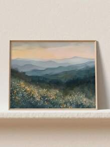 1 pieza Arte de impresión en lienzo de acuarela de montaña de humo y flor de primavera - Póster de paisaje de bosque sin marco, adecuado para decoración del hogar u oficina