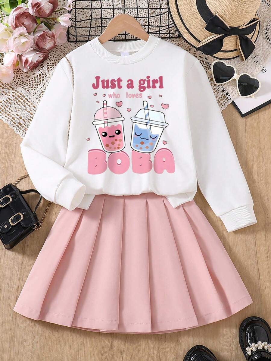 年轻女孩字母印花圆领运动衫和百褶裙套装 - 粉色 - 查看 1