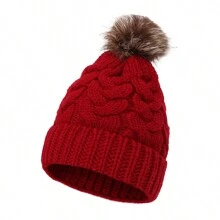 1pc Solid Color Versatile Acrylic Cable Knit Pom Pom Beanie Hat, Suitable For Autumn Winter Warmth And Daily Wear - Multicolor - View 19