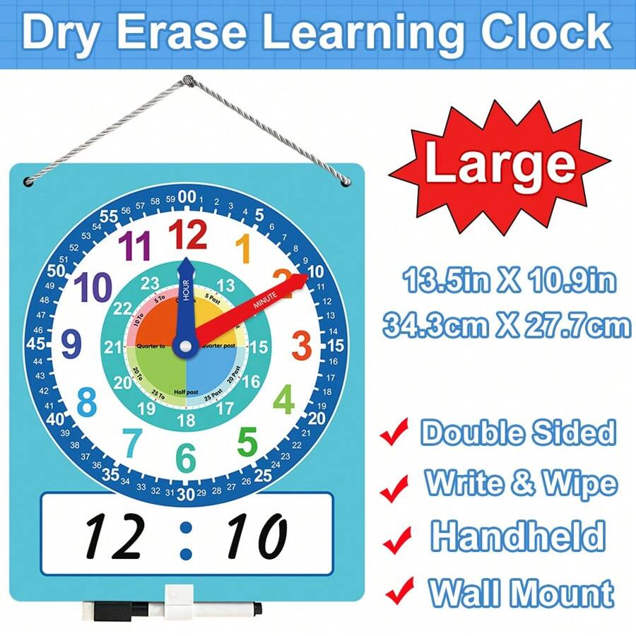 Gran reloj de demostración para pizarra en seco para enseñanza, reloj de aprendizaje para niños y niñas, educación Montessori, reloj de aprendizaje digital y analógico, reloj de enseñanza de la hora, decoración de pared para dormitorios de niños, reloj analógico para enseñar la hora a los niños, ayudas didácticas, suministros para aula y escuela en casa, aula, reloj para niños, juguetes educativos