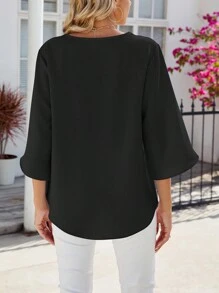Women's Casual Chiffon Blouse Loose Top 3/4 Ruffled Sleeve V Neck Summer Dressy Shirt Basic Tunic Tops Ruffle Split Sleeve Flowy T-Shirts For Leggings - 黑色 - 查看 5