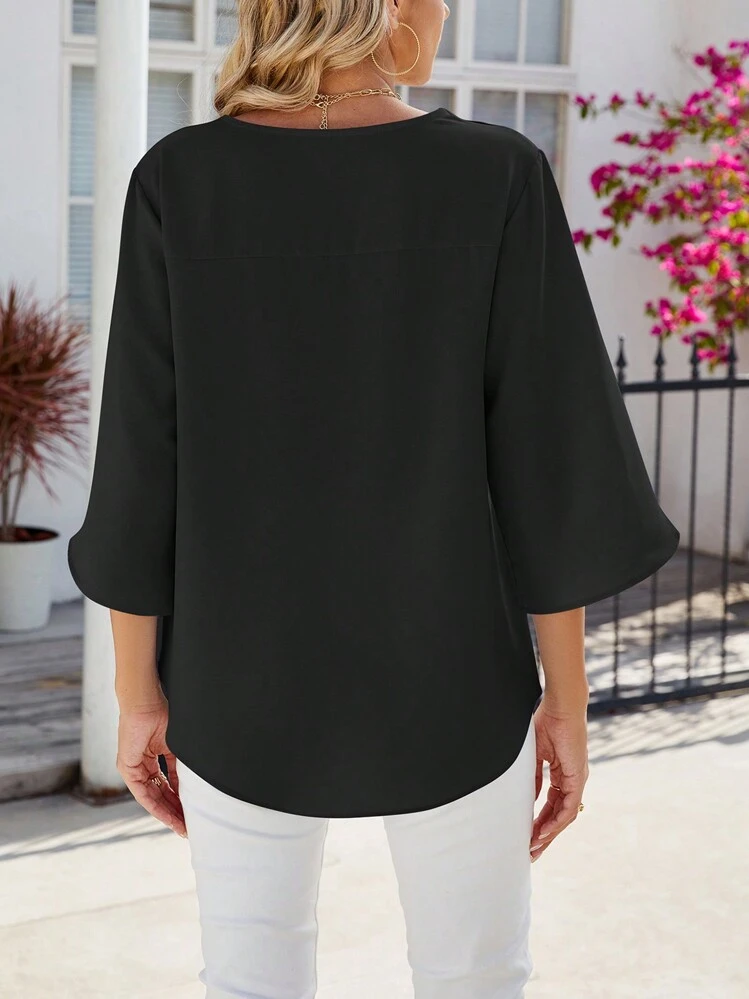 Women's Casual Chiffon Blouse Loose Top 3/4 Ruffled Sleeve V Neck Summer Dressy Shirt Basic Tunic Tops Ruffle Split Sleeve Flowy T-Shirts For Leggings - 黑色 - 查看 5