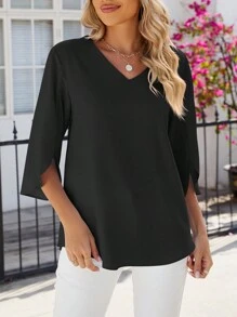 Women's Casual Chiffon Blouse Loose Top 3/4 Ruffled Sleeve V Neck Summer Dressy Shirt Basic Tunic Tops Ruffle Split Sleeve Flowy T-Shirts For Leggings - 黑色 - 查看 2