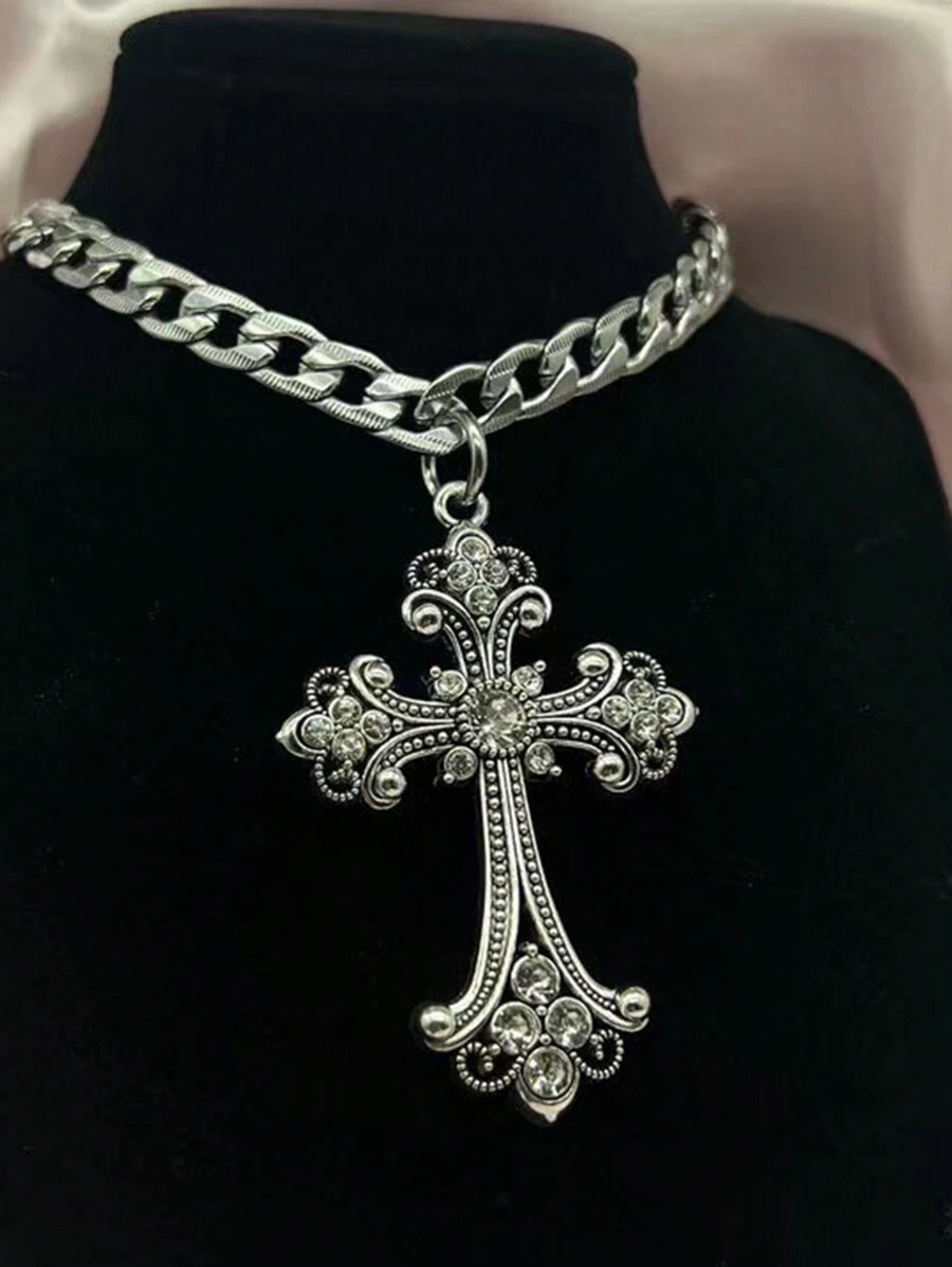 1pc Fashion Titanium Steel Silver Cross Cubic Zirconia Hollow Baroque Pendant Necklace For Women, Suitable For Party, Daily Wear - Bạc - Xem 1