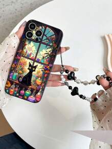 1pc Black TPU Cat Pattern Shockproof Phone Case & 1pc Cat Eye Heart Black White Wrist Strap Lanyard, Compatible With IPhone, Samsung, OnePlus, Xiaomi, OPPO Etc. - Multicolor - View 5