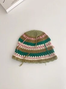 1 件手工钩针复古条纹针织女帽，甜美百搭，带流苏装饰，冬季秋季 - 彩色 - 查看 6