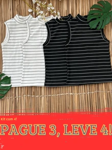 Kit 4 Regata Canelada Gola Alta Feminina Blusa Básica Camiseta Casual Moda Gringa - 2Preta/2Branca - Visão 2