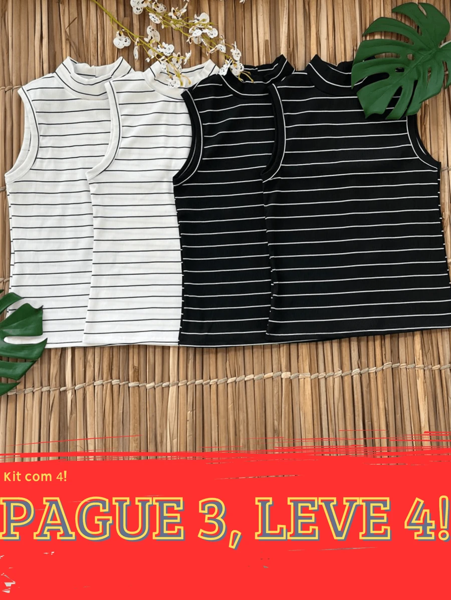 Kit 4 Regata Canelada Gola Alta Feminina Blusa Básica Camiseta Casual Moda Gringa