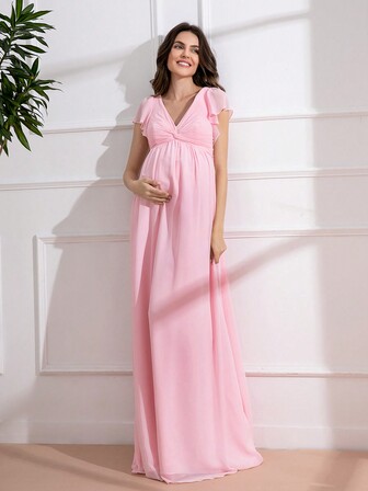 Elegant V-Neck Ruffle Sleeve Maternity Evening Dress