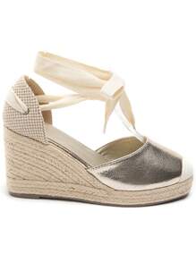 女士金色坡跟凉鞋，适合度假穿着，系带设计，坡跟编织鞋面，金属踝带，夏季度假金色坡跟鞋，充满波西米亚风情，复古田园风，法式鞋履 - 金色 - 查看 3