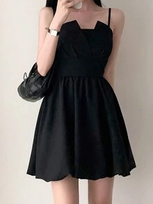 Summer Elegant Bowknot Strap Ruffle Hem Dress - Black - View 2