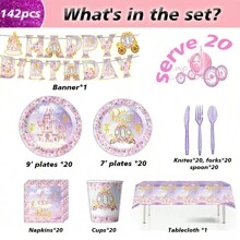 Pink Princess Castle And Carriage Pattern Birthday Party Cutlery Set, European Castle Theme Birthday Decoration Banner, Disposable Cutlery Plate 142 Pieces Set, Pink Birthday Party Cutlery Set That Can Serve 20 People