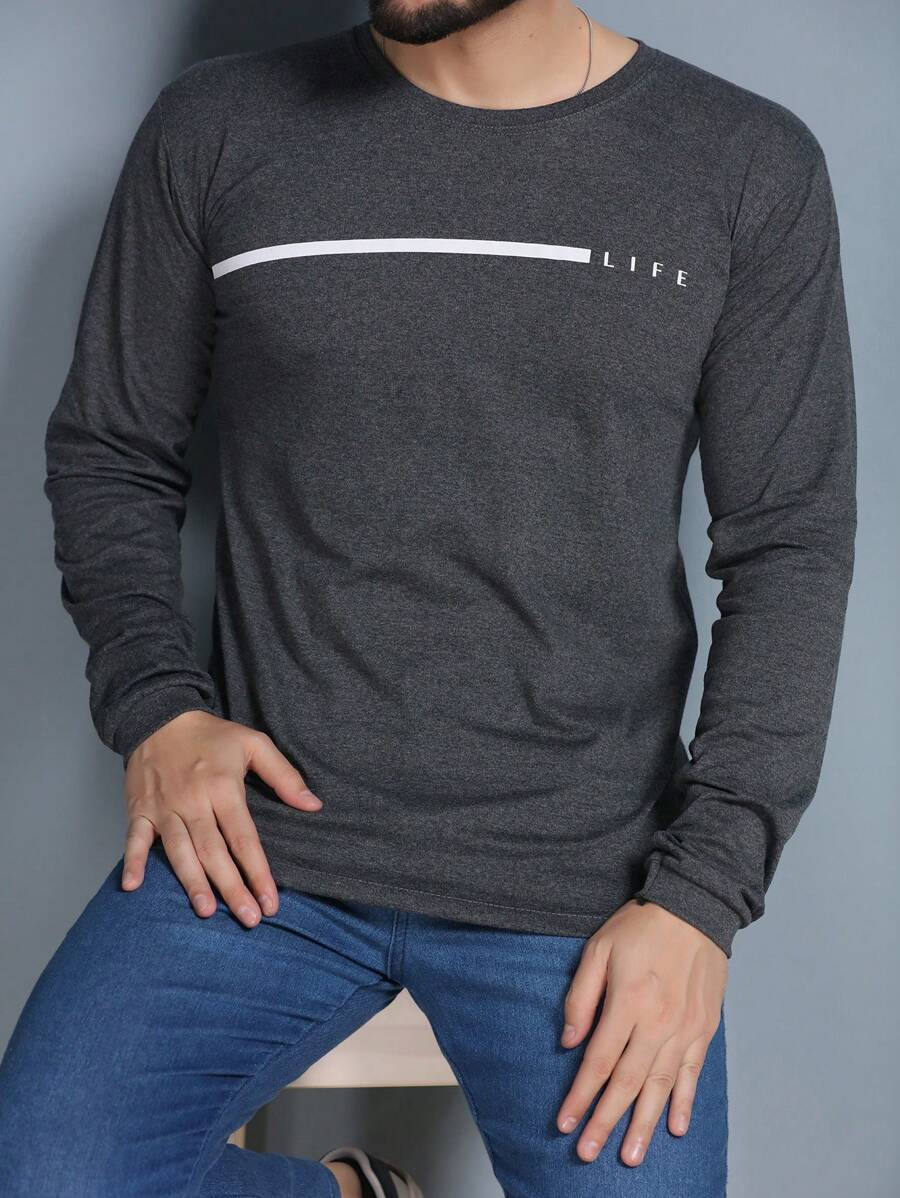 Men's Long Sleeve T-Shirt Basic Blouse Without Hood LIFE Print - Dark Grey - View 1