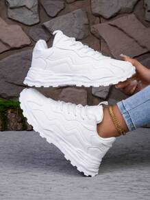 Women's Lace-Up Casual Sneakers, Spring Autumn, New Fashion PU Leather, White, Comfortable Soft Soles, Lightweight