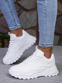 Women's Lace-Up Casual Sneakers, Spring Autumn, New Fashion PU Leather, White, Comfortable Soft Soles, Lightweight