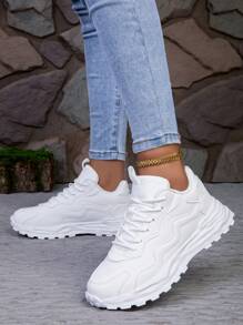 Women's Lace-Up Casual Sneakers, Spring Autumn, New Fashion PU Leather, White, Comfortable Soft Soles, Lightweight