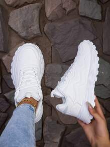 Women's Lace-Up Casual Sneakers, Spring Autumn, New Fashion PU Leather, White, Comfortable Soft Soles, Lightweight