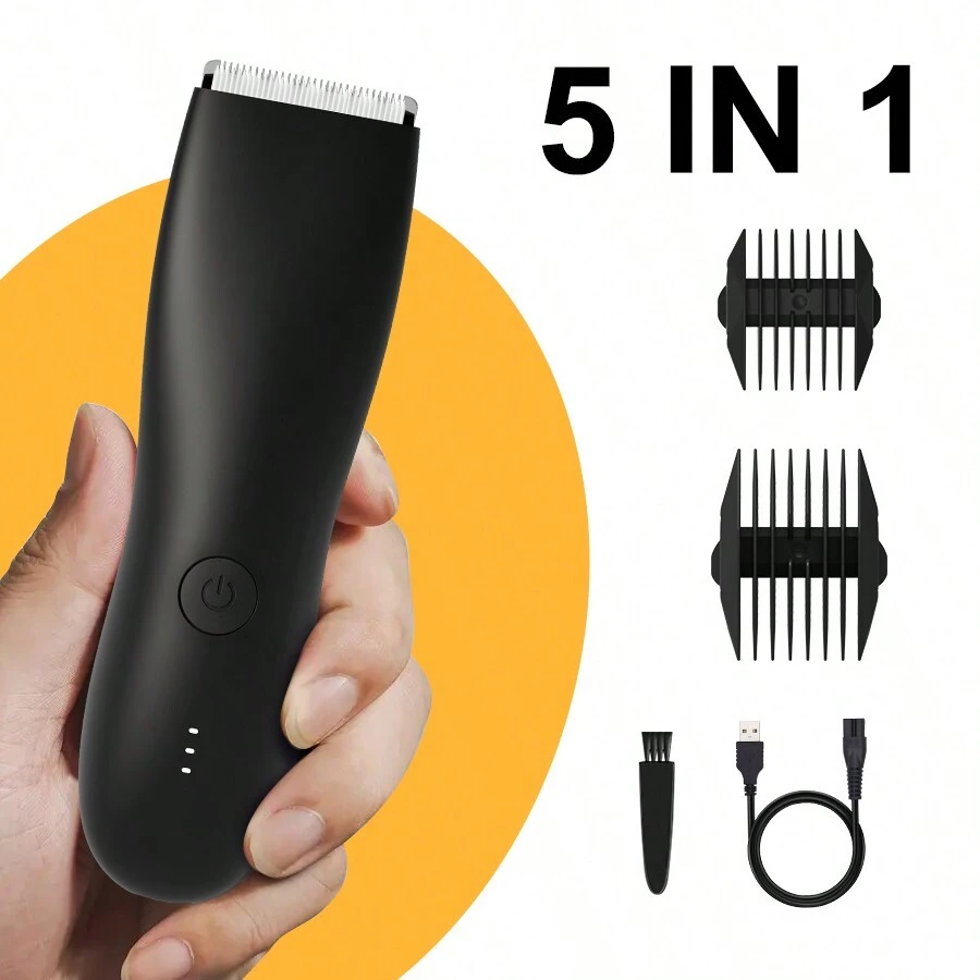 Máy tỉa lông vùng bẹn & cơ thể, đầu tỉa thân thiện với da & lưỡi dao bằng lá, máy chải lông ướt khô chống thấm nước, máy cạo lông bóng có thể sạc lại cho nam