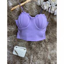 Cropped Top Thin Chain Strap Blouse With Mermaid Cup Fashion Blogger Retro Summer Beach Party Neopreme Suplex Strap - 紫丁香色 - 查看 1