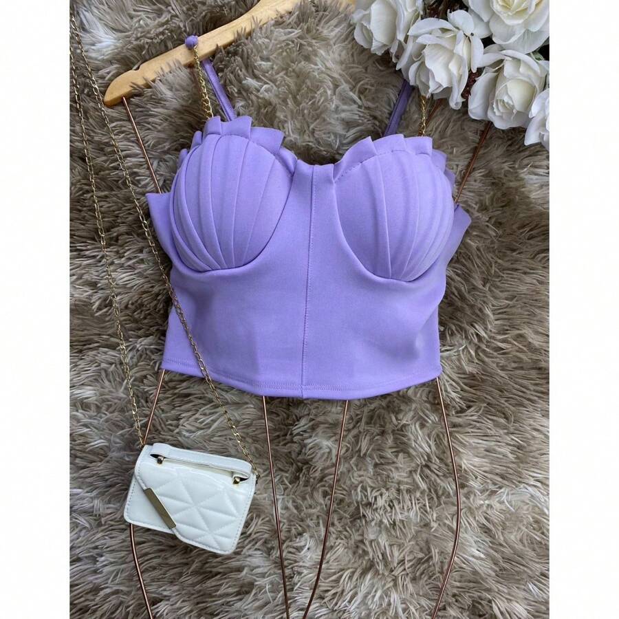 Cropped Top Thin Chain Strap Blouse With Mermaid Cup Fashion Blogger Retro Summer Beach Party Neopreme Suplex Strap - 紫丁香色 - 查看 1