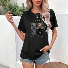 Women's Tiger Print T-Shirt Blouse - Black - View 1