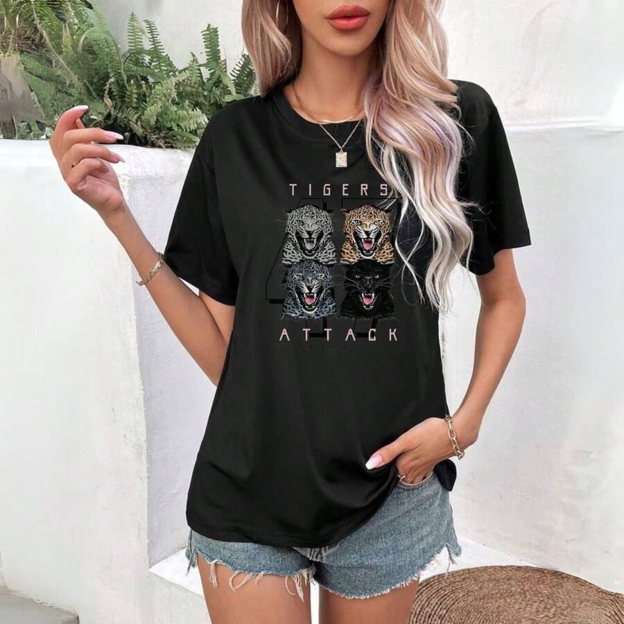 Women's Tiger Print T-Shirt Blouse - Black - View 1