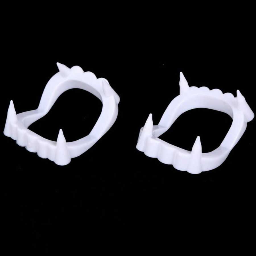 10 peças de presas de vampiro para Halloween, dentes de zumbi demoníaco, gostosuras ou travessuras. Dentaduras de plástico branco. - Branco - Ver 1