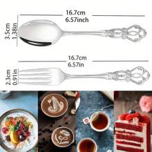 Juego de 8 piezas/16 piezas de cucharas y tenedores de postre de estilo vintage y real, cucharas de avena, cucharas de café, cucharas de yogur, tenedores de ensalada, tenedores de mesa de alta calidad de acero inoxidable, cubiertos elegantes para el hogar/cocina/restaurante/cafetería/fiesta, pulido espejo, apto para lavavajillas, regalo de Navidad - plata - Ver 2