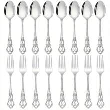 Juego de 8 piezas/16 piezas de cucharas y tenedores de postre de estilo vintage y real, cucharas de avena, cucharas de café, cucharas de yogur, tenedores de ensalada, tenedores de mesa de alta calidad de acero inoxidable, cubiertos elegantes para el hogar/cocina/restaurante/cafetería/fiesta, pulido espejo, apto para lavavajillas, regalo de Navidad - plata - Ver 1