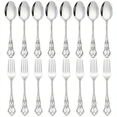 Bộ 8/16 thìa và nĩa tráng miệng phong cách hoàng gia cổ điển, thìa yến mạch bằng thép không gỉ chất lượng cao, thìa cà phê, thìa sữa chua, nĩa salad, nĩa ăn, đồ bạc trang nhã cho gia đình/nhà bếp/nhà hàng/quán cà phê/tiệc tùng, đánh bóng gương, quà tặng Giáng sinh có thể rửa bằng máy rửa chén