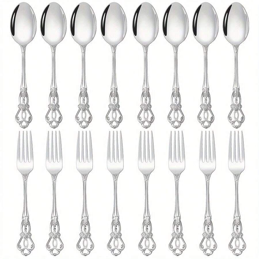 Juego de 8 piezas/16 piezas de cucharas y tenedores de postre de estilo vintage y real, cucharas de avena, cucharas de café, cucharas de yogur, tenedores de ensalada, tenedores de mesa de alta calidad de acero inoxidable, cubiertos elegantes para el hogar/cocina/restaurante/cafetería/fiesta, pulido espejo, apto para lavavajillas, regalo de Navidad - plata - Ver 1