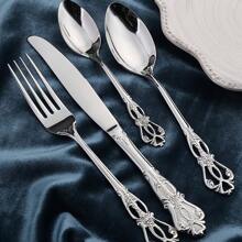 Juego de 8 piezas/16 piezas de cucharas y tenedores de postre de estilo vintage y real, cucharas de avena, cucharas de café, cucharas de yogur, tenedores de ensalada, tenedores de mesa de alta calidad de acero inoxidable, cubiertos elegantes para el hogar/cocina/restaurante/cafetería/fiesta, pulido espejo, apto para lavavajillas, regalo de Navidad - plata - Ver 7