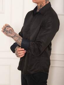 Men's Long Sleeve Slim Two-Color Dress Shirt - 黑色 - 查看 3